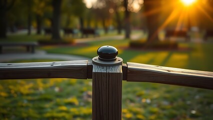 fulcrum. Wooden seesaw in a peaceful park at golden hour, showing perfect equilibrium. event key visuals, club posters, designed for sports event promotions and stadium branding.
