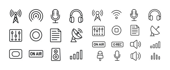Audio and broadcast icons: headphones, microphones, antennas, so