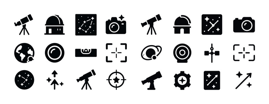 Astronomy icons collection featuring telescopes and observatorie
