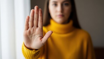 Woman in yellow sweater holds up her hand in a stop gesture