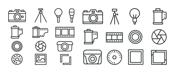 Camera and photography icon set including cameras, tripods, film