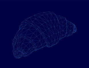 A low polygonal croissant wireframe illustration composed of intricate lines and geometric shapes rests on a solid blue background.