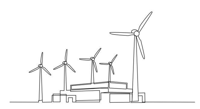 Sustainable living with wind turbines and houses in a minimalist line art style