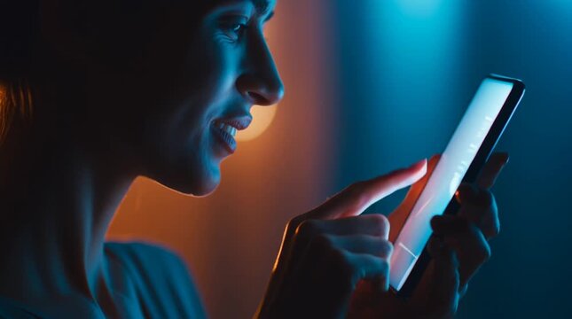 Human holding a smartphone at chest level, tapping the screen once as a soft glow appears, creating a clean, modern vertical visual ideal for app advertising and digital products.
