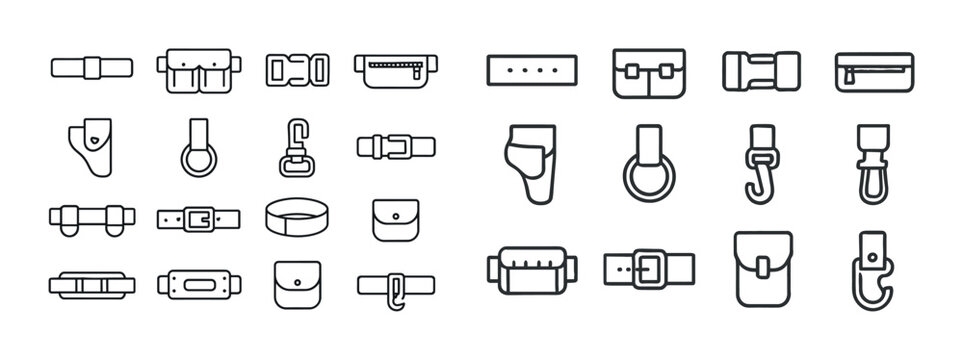 Minimalist icon set of belts, buckles, and wallets in outlined s