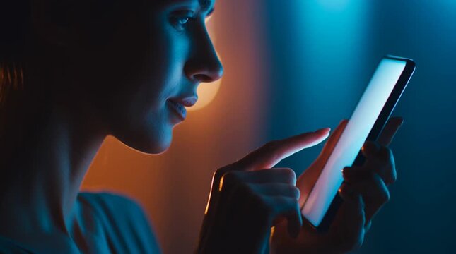 Human holding a smartphone at chest level, tapping the screen once as a soft glow appears, creating a clean, modern vertical visual ideal for app advertising and digital products.
