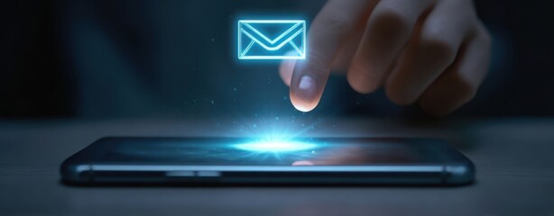 The finger hovers over a smartphone displaying a glowing email notification.