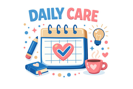 Colorful daily care with calendar, heart, pencil, and coffee cup icons - Powered by Adobe