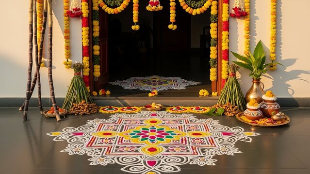 Traditional Pongal Festival Decoration at Home Entrance with Rangoli and Sugarcane