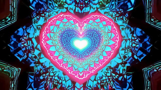 Trippy abstract mandala animation with a neon heart center, ideal for love themes and musical visuals.