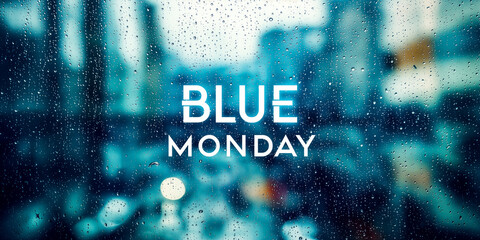 Blue Monday Text on Rainy City Window with Droplets