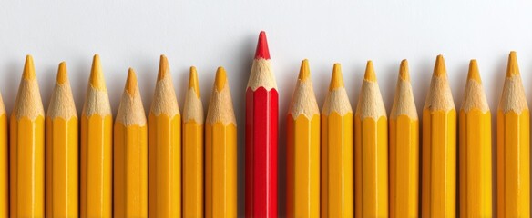 The Red Pencil Standing Out Among Many Yellow Pencils on White Background