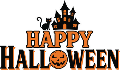 Happy Halloween Greeting with Haunted House and Pumpkin