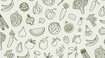 Olive green line art fruits and veggies seamless pattern on white, elegant organic food illustration, flat, minimal style