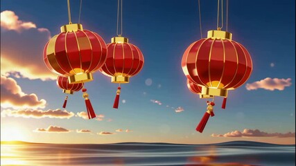 Festive chinese lanterns floating over a calm sea at sunset, creating a serene and celebratory atmosphere for cultural events.