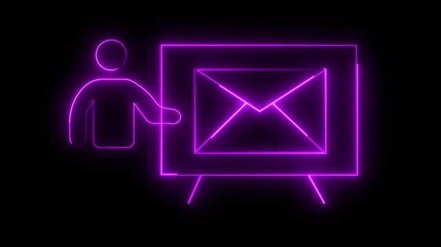 Neon Purple Icon of Person Presenting Envelope on Easel Against Black Background presentation