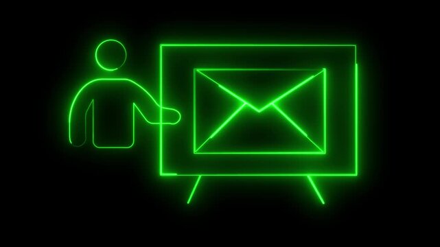 Neon Green Icon of Person Presenting Envelope on Easel Against Black Background presentation