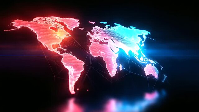 Red and blue glowing world map with dark background, dual tone global visualization, international network, temperature gradient Earth, digital cartography, continental connectivit