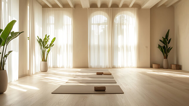 Serene Yoga Studio with Natural Light and Plants.