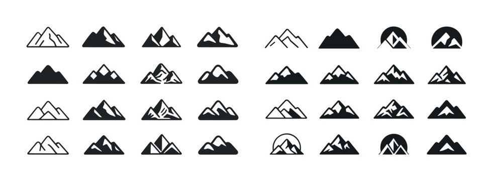 Variety of mountain icons in black and white illustrations