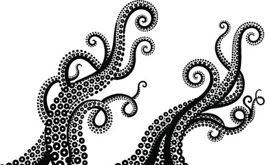 Black and white octopus tentacles with suckers silhouette illustration, nautical sea monster kraken arms set, curved ocean creature limbs isolated on white background, design. © Rabbi's World