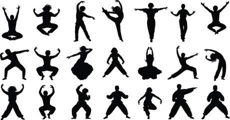 Collection of black and white dancer silhouettes featuring modern ballet performers, martial artists, and expressive athletes in dynamic motion for fitness and performance design