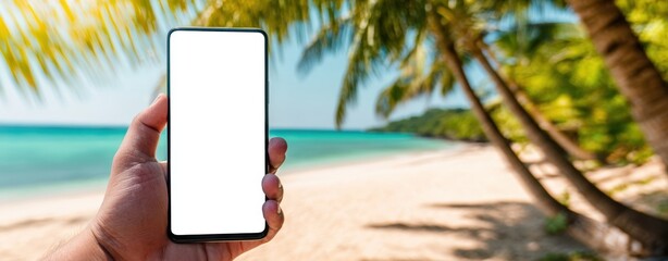 The smartphone held against a tropical beach backdrop on a sunny day.