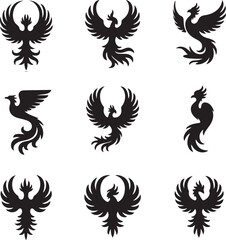 Obraz premium Collection of black phoenix silhouettes on transparent background