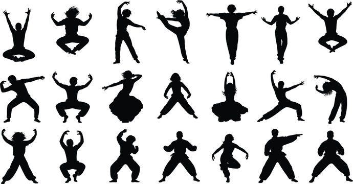 Collection of black and white dancer silhouettes featuring modern ballet performers, martial artists, and expressive athletes in dynamic motion for fitness and performance design