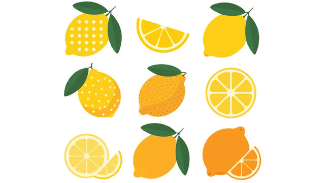 Minimalist lemon illustrations arranged in a 3x3 grid, flat vector style, clean lines, soft yellow tones, modern design on white background