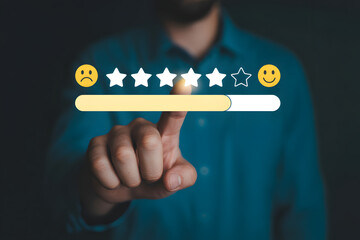 A person rating an experience with a 5 star review system and emoticons
