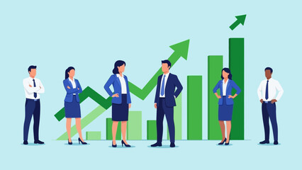 A diverse team of professionals stands confidently before a dynamic green bar chart and upward arrow, symbolizing successful business growth and collaborative achievement.