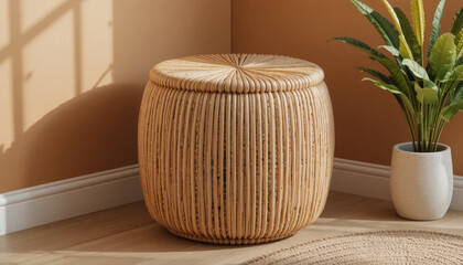 Round wicker ottoman sits sunlit room, casting soft shadows wooden floor. natural tones of ottoman complement warm, earthy wall color, creating cozy atmosphere. potted plant adds touch of greenery