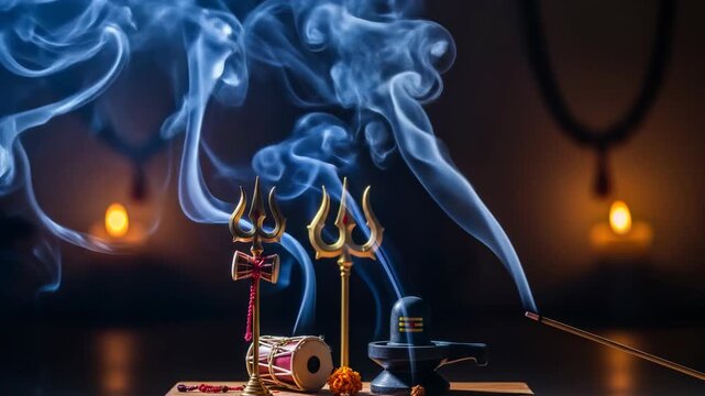Mystical Mahashivratri Still Life Lingam, Damru, and Golden Trishul Accented by Incense Smoke in Atmospheric Lighting