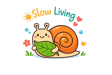 Cute cartoon snail embracing slow living with leaf and colorful elements