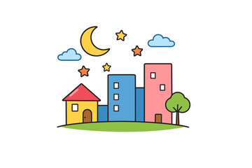 Whimsical night scene with colorful buildings and stars