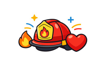 Red firefighter helmet with flame and heart icons on white background
