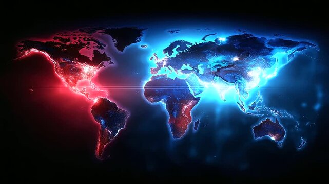 Red and blue glowing world map with dark background, dual tone global visualization, international network, temperature gradient Earth, digital cartography, continental connectivit