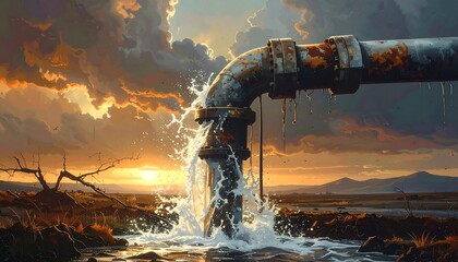 Water Wasteful Pipeline Dry Land Sunset.