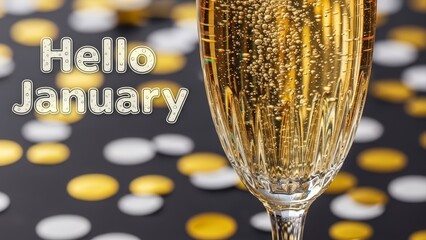Champagne Glass with Hello January Text and Bokeh Background.