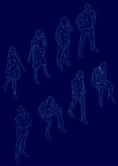 Naklejka premium A pack of low poly people in various poses forms a wireframe illustration on a solid blue background. Isometric view
