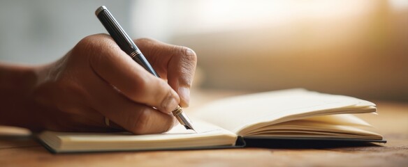 The Pen Writing in an Open Notebook on a Wooden Desk with Warm Sunlight
