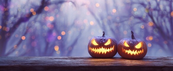 The pumpkins glowing on a wooden ledge in a misty forest night