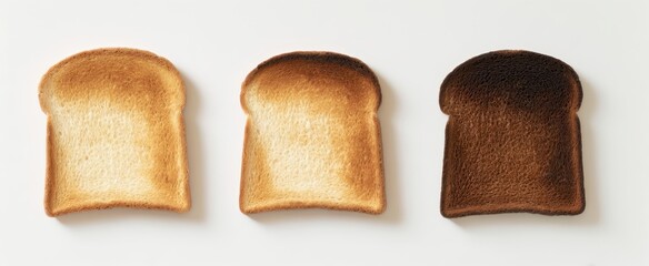 The Toast Slices Showing Light Medium and Dark Burnt Browning on White Background