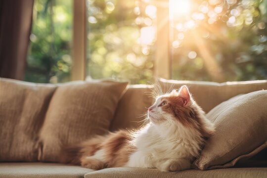 Cat resting on couch by window with sunlight shining in during morning time