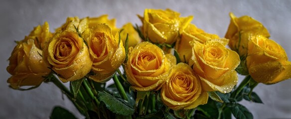 The Yellow Roses Bouquet Glowing with Dew Drops Against a Soft Neutral Background