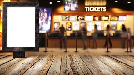 Movie theater ticket booth with blank white sign on wooden table in foreground and cinema background