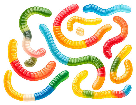 Gummy worms in vibrant colors, artfully arranged on a black background