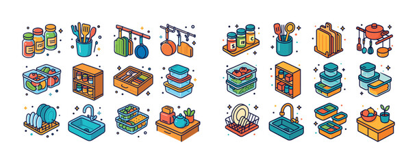 Fototapeta premium Colorful kitchen supplies and storage solutions in isometric des
