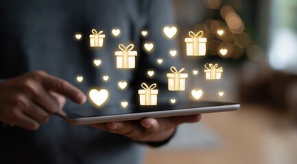 Person holding tablet with glowing digital gift boxes and heart icons. Mobile app interface for online shopping reward program, customer loyalty and fintech marketing concept.